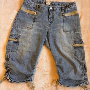 Vintage Faded Glory Woman's Cargo Capri Plus Size 20W 90s Denim Zip Pockets Tie
